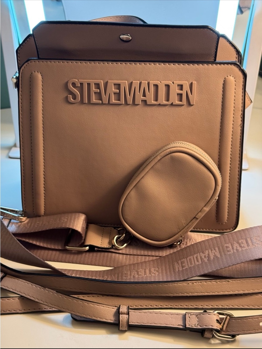 Steve Madden Beige/Tan Structured Crossbody with Detachable Coin Pouch - Picture 1 of 7